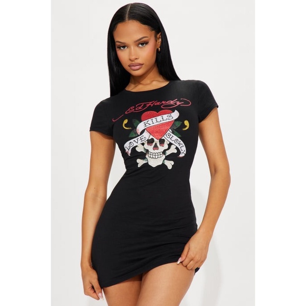 Ed Hardy Love Kills Slowly Rhinestone Graphic T-Shirt Mini Dress Black 1X Plus